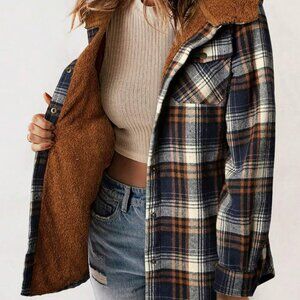 Women's Boyfriend Brown Plaid Button Fleece Hooded Jacket Coat Size M Cozy